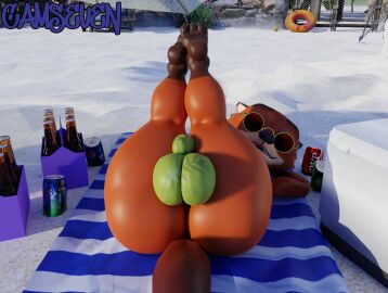 2024 3_toes 3d anthro artist_name ass balls balls_outline beach beer_bottle beverage beverage_can big_ass big_bulge big_butt bikini bikini_bottom bikini_thong black_body black_nose bottle bulge camseven canid canine clothed clothing container crossdressing day detailed_bulge digital_media_(artwork) disney eyewear feet femboy fox fur genital_outline genitals green_bikini green_clothing green_swimwear green_thong green_underwear hi_res leg_markings legs_up looking_at_viewer lying male mammal markings nick_wilde on_back orange_body orange_fur outside pattern_towel paws penis penis_outline presenting presenting_balls presenting_hindquarters red_fox sand socks_(marking) soda solo striped_towel stripes sunglasses swimwear tail thick_thighs thong tight_fit toes towel true_fox two-piece_swimsuit underwear wide_hips zootopia