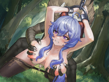 1boy 1girls ahoge ambiguous_penetration armpits arms_above_head arms_restrained arms_up bad_end big_breasts black_legwear black_stockings blue_hair blush bondage breast_grab breast_squeeze breasts captured captured_heroine clenched_teeth crying crying_with_eyes_open cuffs cum cum_drip cum_inside cum_overflow defeated defeated_heroine desperation doggy_style female forest fucked_from_behind ganyu_(genshin_impact) genshin_impact goat_horns grabbing_another's_breast grabbing_from_behind groping_breasts hands_on_breasts hilichurl_mask hilichurls_(species) horns hoyoverse huge_breasts interspecies jellyboxfish large_breasts legwear long_hair looking_back male male/female mask masked_male metal_cuffs monster monster_rape nipples nude nude_female nude_male on_knees open_eyes outdoors pitch-black_skin purple_eyes raped_by_monster red_horns sex sex_from_behind stockings sweat sweatdrop taken_from_behind tears wrist_grab wrists_restrained wrists_tied