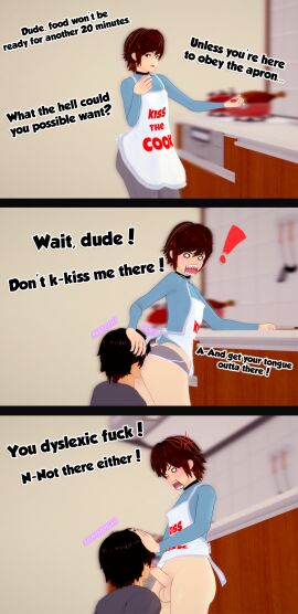 2boys 3d angry_face apron ass balls bare_ass big_ass blush brat brown_hair choker comic english_text femboy green_eyes kissing kissing_penis koikatsu male penis rimming selfinsertedbro testicles text underwear yaoi