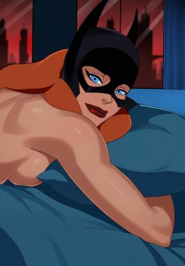 barbara_gordon batgirl batgirl_(barbara_gordon) batgirl_(young_justice) batman_(series) bed boetharch breasts city_background cityscape dc dc_comics edit face_focus female lovekraut mask masked_female pillow sideboob skyline sunsetriders7 superheroine