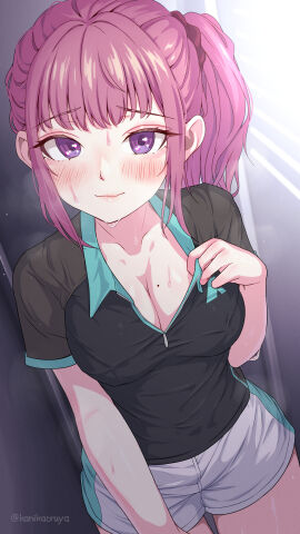 absurdres badminton_uniform black_shirt blush breasts cleavage collarbone collared_shirt female hair_tie highres kanikatsuya looking_at_viewer medium_breasts mole_on_breast pink_hair purple_eyes smile solo sportswear sweat two-tone_shirt white_shorts zipper