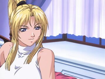 00s 1girls 2001 animated bed bedroom bible_black bible_black_night_of_the_walpulgiss blonde_hair breasts curtains curvy female large_breasts long_hair panties purple_eyes saeki_kaori sitting skirt smile socks spread_legs tagme underwear