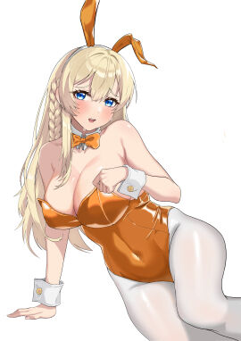 1girls blonde_hair blue_eyes blush braid breasts bunny_ears bunnysuit cleavage female female_only fully_clothed goddess_of_victory:_nikke large_breasts long_hair open_mouth playboy_bunny sitting sweat tove_(nikke) upper_teeth white_background
