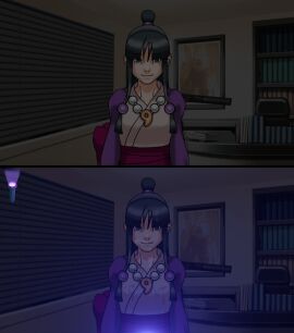 1girls accurate_art_style bangs black-haired_female black_hair blacklight clothed_female cum cum_marking cum_on_chest cum_on_clothes cum_on_face cum_on_hair cum_on_neck cum_stain cum_stains dark_room dried_cum female flashlight_beam game_cg game_screenshot gyakuten_saiban illuminated kimono maya_fey mod necklace office pinkmochidango smiling topknot ultraviolet_light uv_light