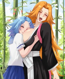 2girls age_difference bleach bleach:_the_thousand-year_blood_war blue_hair breast_press breast_squeeze breasts crossover face_in_breasts female female_only fully_clothed grabbing_breasts head_on_breasts hells hells_angels large_breasts matsumoto_rangiku orange_hair rangiku_matsumoto rinne rinne_amagane size_difference smile smiling varouke1 wholesome yuri