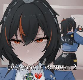 ass ass_focus bathroom broken_heart cellphone clothed english_text frown holding_object holding_phone hoyoverse looking_at_viewer meme meme_reference mihoyo mirror mirror_selfie new_eridu_public_security no_nude pants phone police_uniform policewoman ponytail sad selfie solo solo_female tears zenless_zone_zero zhu_yuan