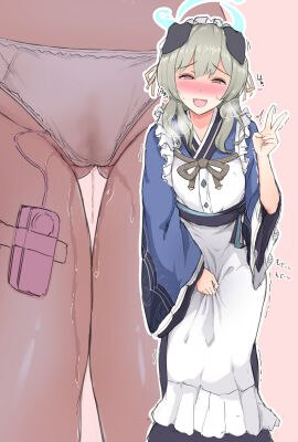 animal_ears apron ass_visible_through_thighs blue_archive blue_halo blue_kimono blush breath close-up dog_ears female female_orgasm halo heavy_breathing highres japanese_clothes kimono long_hair long_sleeves looking_at_viewer maid maid_headdress multiple_views object_insertion open_mouth orgasm oumi_(rsag) panties pussy pussy_juice pussy_juice_stain sex_toy simple_background smile standing sweat trembling umika_(blue_archive) underwear v vaginal_object_insertion vaginal_penetration vibrator vibrator_cord vibrator_under_clothes vibrator_under_panties wa_maid wet wet_clothes wet_panties white_apron white_background white_panties