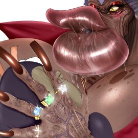 anthro close-up detailed_shading female gilf hands_on_face hyper_lips imminent_kiss jewelry long_fingernails madame_(mrmadhead) male male/female mrmadhead ugly wet_lips wrinkled_skin yellow_eyes