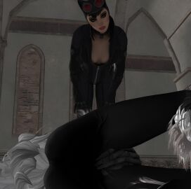 2girls 3d alstair2 batman:_arkham_city batman_(series) black_cat black_cat_(marvel) black_cat_(marvel_heroes) catwoman catwoman_(arkham) catwoman_(arkham_city) crossover crotch cuntbusting dc dc_comics felicia_hardy female female_only human human_only lowblow marvel marvel_comics marvel_heroes no_bra selina_kyle spider-man_(series) unzipped unzipped_bodysuit