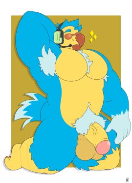 2021 4_fingers accessories_only accessory animal_crossing anthro armpit_hair avian avian_feet balls beak big_pecs bird blue_body blue_feathers body_hair chest_hair columbid dodo electronics english_description erection eyewear feathers fingers genitals gloves_(marking) hand_behind_head headphones hi_res kingfurball kneeling male male_only markings mouth_closed multicolored_body multicolored_feathers muscular muscular_anthro muscular_male nintendo nude nude_anthro nude_male pecs penis pubes recently_extinct_species simple_background solo sunglasses tail tail_feathers vein veiny_penis wearing_sunglasses wilbur_(animal_crossing) yellow_background yellow_body yellow_feathers