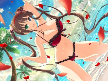 ahoge arm_up armpits ass_visible_through_thighs bare_arms bare_belly bare_legs bare_shoulders bare_thighs barefoot beach belly_button big_breasts bikini blush body_blush breasts brown_hair cleavage collarbone feet female flower_in_hair frilled_bikini groin hairband heterochromia holding_own_hair kneeling marvelous ocean official_art on_knees open_mouth outdoors red_bikini ryoubi_(senran_kagura) senran_kagura senran_kagura_new_link shiny_skin smile thighs toes twintails water wet_body wet_hair yaegashi_nan