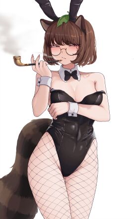 1girls 2d animal_ears blush bowtie bowtie_collar brown_eyes brown_hair bunny_ears bunnysuit detached_collar detached_cuffs female female_only fishnet_pantyhose fishnet_stockings fishnets fully_clothed glasses humanoid leaf leaf_on_head leotard looking_at_viewer mamizou_futatsuiwa nervous revealing_clothes short_hair shy smoke smoking smoking_pipe solo son_(c100011) source standing sweatdrop tail tanuki tanuki_ears tanuki_girl tanuki_humanoid tanuki_tail touhou wrist_cuffs