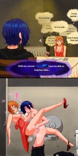 1boy 1girls against_wall ass bathroom bathroom_sex bathroom_stall bklo blue_hair blush breasts breasts_out brown_hair closed_eyes clothing cum cum_in_pussy cum_inside date dialogue dress dress_lift dripping dripping_cum female femsub half_naked high_heels human light-skinned_female light-skinned_male light_skin makoto_yuki male maledom maledom/femsub medium_breasts moaning moaning_in_pleasure nipples older_female open_mouth orange_hair pale_skin panties panties_around_leg panties_down pants_down penetration penis persona persona_3 persona_3_reload public public_sex pussy red_dress red_panties sex short_hair sound_effects spread_legs standing standing_sex student_dom suprised teacher teacher_and_student teacher_sub text thought_bubble toilet toilet_stall toriumi_isako vaginal vaginal_penetration vaginal_sex wide_eyed younger_male