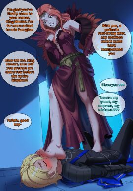 blonde_hair cornelia_arnim dimitri_alexandre_blaiddyd feet feet_focus female female_domination femdom femdom_caption fire_emblem fire_emblem:_three_houses foot_fetish foot_focus green_eyes orange_hair sole_female soles soles_fetish