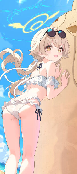 absurdres ass back bare_legs bare_shoulders beach bikini blue_archive blue_sky blush brown_eyes cloud day eyewear_on_head female from_behind halo hifumi_(blue_archive) hifumi_(swimsuit)_(blue_archive) highres kitano_yukito kneepits light_brown_hair long_hair looking_at_viewer looking_back official_alternate_costume open_mouth sky solo sunglasses swimsuit teeth thighs upper_teeth white_bikini