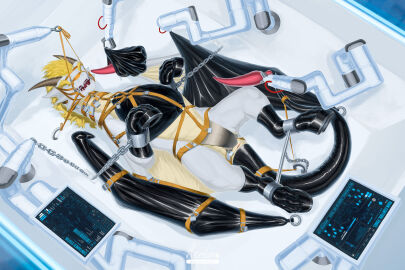 belly belt blonde_hair_tips bondage bondage_gear bondage_gloves boots bound bridle chained chains chastity_cage chastity_device clothing dragon ericherilan feral footwear gloves handwear harness hi_res hoof_boots hoof_gloves horn laboratory latex latex_clothing latex_mask leash leash_pull locked_up male mask membrane_(anatomy) membranous_wings mythological_creature mythological_scalie mythology petplay ponyplay restrained restraints robot_arm roleplay scalie screen shoes solo white_body wings wings_tied yellow_belly