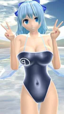1girls 2023 3d arms_up beach belly_button blue_eyes blue_ribbon breasts cirno cleavage clouds dark_blue_swimsuit double_peace_sign embodiment_of_scarlet_devil fairy female hati_yukkuri_mmd ice_wings icicle light-skinned_female light_blue_hair light_skin looking_at_viewer mmd outdoors peace_sign short-haired_female sky smiling_at_viewer solo_female solo_focus swimsuit touhou water wings