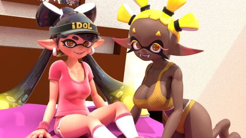 2girls 3d blender bloodbun bra callie_(splatoon) dark-skinned_female female frye_(splatoon) frye_(suffer_no_fools) frye_onaga inkling splatoon splatoon_(series) splatoon_3 squid_sisters tank_top twitter_link twitter_username underwear visor yellow_underwear