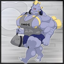 1:1 abs anthro athletic athletic_wear balls balls_outline biceps big_muscles bottomwear bulge clothed clothing detailed_bulge digital_media_(artwork) electronics english_text exploud eyewear feet generation_3_pokemon genital_outline glasses gym_bag gym_bottomwear gym_shorts headphones headphones_around_neck hi_res huge_muscles hyper hyper_muscles looking_at_viewer male muscles muscular muscular_anthro muscular_male nintendo nipples pecs penis penis_outline plantigrade pokemon pokemon_(species) red_eyes seaserpenttailor shirt shorts simple_background solo sportswear tail teeth text text_on_clothing text_on_shirt text_on_topwear toes topwear