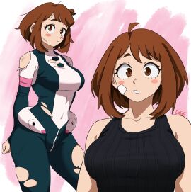 1girls artist_name bandaid big_breasts bodysuit boku_no_hero_academia breasts brown_eyes brown_hair clothes commentary dashi_art female female_human hero_outfit_(mha) highres human light-skinned_female light_skin looking_at_viewer multiple_views my_hero_academia ochako_uraraka ochako_uraraka_(hero_outfit) parted_lips short_hair simple_background superhero_costume superheroine tank_top teeth torn