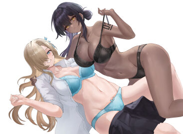 2girls absurdres arm_tattoo asuna_(blue_archive) big_breasts black_bra black_hair black_skirt blue_archive blue_bra blue_eyes blue_panties blue_ribbon bra bra_pull breasts chocolate_and_vanilla cleavage clothes_pull colored_inner_hair commentary dark-skinned_female dark_skin female female_only hair_over_one_eye hair_ribbon highres karin_(blue_archive) light_brown_hair looking_at_viewer multicolored_hair multiple_females multiple_girls navel no_halo number_tattoo one_eye_closed open_clothes open_shirt panties pulling_own_clothes purple_hair ribbon shirt simple_background skirt sorajang11 stomach tattoo thighs underwear unworn_skirt white_background white_shirt yellow_eyes