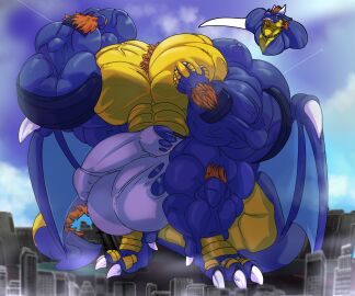 2022 4_toes 5_fingers absurd_res anthro balls beard big_balls big_muscles big_pecs big_penis blue_body body_hair chest_hair city clothed clothing countershading day digitigrade dragon facial_hair feet fierglief fingers fist flexing genitals green_eyes grin hair hand_on_chest hi_res horn huge_balls huge_cock huge_muscles huge_pecs hyper hyper_balls hyper_genitalia hyper_muscles hyper_pecs hyper_penis jewelry macro male muscles muscular mythological_creature mythological_scalie mythology necklace orange_hair pecs penis scalie sharp_teeth sky smile solo standing teeth toes torn_clothing underwear underwear_only vein veiny_muscles wings yellow_body yellow_countershading