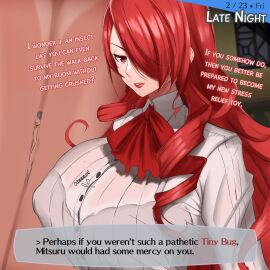 1boy 1girls 2d anybrody artist_request between_breasts breasts brown_eyes clothed_female color degradation_text female game_ui giantess large_breasts larger_female long_hair male mitsuru_kirijo nipple_bulge nude nude_male persona persona_3 red_hair size_difference smaller_male text third-party_edit tiny_male