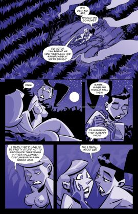 2girls after_sex arm_gloves arm_sleeves armsleeves ass bad_bug_media betty black_hair blonde_female blonde_hair breasts cape comic comic_page conversation cornfield dialogue earrings female joel_souza light-skinned_female light_skin long_hair naked naked_female night nipples nude nude_female outdoor_nudity outdoors ponytail putting_clothes_on short_hair the_misadventures_of_bombshell_&_atomica veronica yuri