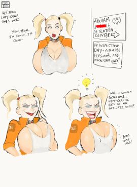 batman_(series) big_breasts bimbo bimbo_body bimbo_breasts blonde_hair blue_eyes breasts breasts_almost_out breasts_visible_through_shirt dc dc_comics english_text erect_nipples female gnashershells harley_quinn huge_boobs huge_breasts idea_bulb large_breasts male massive_breasts penis plotting prison_uniform red_lips red_lipstick seeking_penis shock_collar short_hair short_twintails sneaky speech_line text