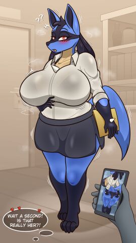 2024 4_toes 5_fingers 9:16 absurd_res anon anthro ass ass_grab back_boob big_breasts black_clothing black_hair blue_body blush blush_lines bodily_fluids bookshelf bottomwear bra breast_support breasts butt_grab butt_pose butt_squish clothed clothing curvy_figure cute_fangs desk detailed_background dialogue digital_media_(artwork) door dreadlocks electronics emanata english_text facial_markings feet female fingers floor folder full-length_portrait furniture glistening glistening_body glistening_breasts hair hand_on_ass hand_on_butt head_markings head_tuft heart_symbol hi_res holding_object holding_phone huge_breasts huge_hips huge_thighs inside johnmarten juxtaposition leg_markings lingerie looking_at_viewer lucario markings mask_(marking) mature_female miniskirt motion_lines multicolored_body musk navel nintendo obscured_eyes office_clothing office_lady offscreen_character open_clothing open_mouth open_shirt open_topwear panties phone pokemon pokemon_(species) portrait pose presenting presenting_hindquarters quality question_mark raised_tail red_eyes ruined_reputation shaded shirt shy simple_shading skirt socks_(marking) solo spikes spikes_(anatomy) squish sweat table tagme tail text thick_thighs thought_bubble tight_clothing toes topwear translucent translucent_clothing translucent_shirt translucent_topwear tuft two-tone_body underwear upskirt voluptuous wall_(structure) white_clothing white_text wide_hips