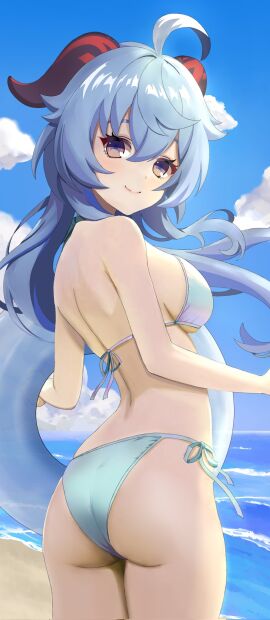 1girls 2d 2d_(artwork) alternate_costume artist_request ass back back_view backboob beach big_breasts bikini bikini_bottom bikini_top blue_hair bra breasts clouds day female female_focus female_only ganyu_(genshin_impact) genshin_impact holding_object horns hourglass_figure light-skinned_female light_skin long_hair looking_at_viewer looking_back looking_back_at_viewer ocean outdoors sand sky slim_female smiling smiling_at_viewer solo solo_female solo_focus standing summer swimsuit two_piece_swimsuit water young younger_female