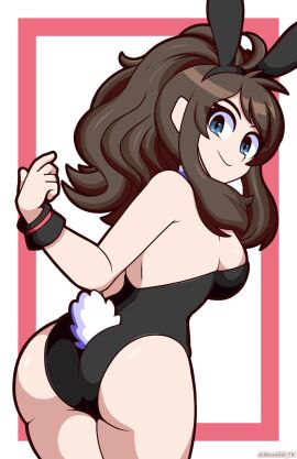 ass big_ass big_breasts blue_eyes breasts brown_hair bunny_ears bunnysuit female female_only hilda_(pokemon) long_hair monolith_tk nintendo pokemon sideboob