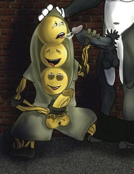 balls black_penis blowjob brown_glans fortnite gay grey_glans kneeling male male_only meowscles_(fortnite) non-human non-human_only on_knees peabody_(fortnite) peabody_slap penis saliva_string saliva_trail sucking_penis testicles toon_meowscles toony what yellow_penis