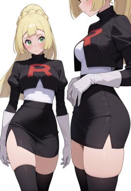 1girl 1girls ai_generated black_legwear black_skirt blonde_hair blush breasts closed_mouth elbow_gloves gloves green_eyes lillie_(pokemon) long_hair long_sleeves looking_at_viewer miniskirt nintendo owari_wan pencil_skirt pokemon pokemon_sm ponytail skirt team_rocket team_rocket_uniform thighhighs white_background zettai_ryouiki