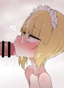 add ame_(amechan17391739) and blonde_hair blunt_bangs blush chat cum cum_on_body cutlass_(girls_und_panzer) facial fellatio female fun girls_und_panzer have highres in lets maid_headdress male me oral penis short_hair simple_background some straight together1boy tongue tongue_out voice white_background yellow_eyes