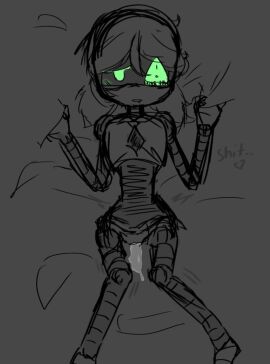 1girls 2d after_sex after_vaginal background_character cum cum_inside female female_only green_eyes humanoid murder_drones pussy robot robot_girl robot_humanoid screen_face solo worker_drone