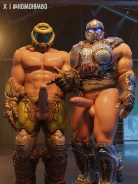 2boys bara clayton_carmine doom doom_slayer_(doom) gears_of_war helmet homohimbo light-skinned_male light_skin male male_only mask masked masked_male muscular muscular_male penis yaoi