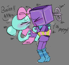 1boy 1girls bonessss boxten_(dandy's_world) closed_eyes clothed_sex dandy's_world female hand_holding holding_hands male missionary_position pink_bow poppy_(dandy's_world) sex standing striped_socks tagme