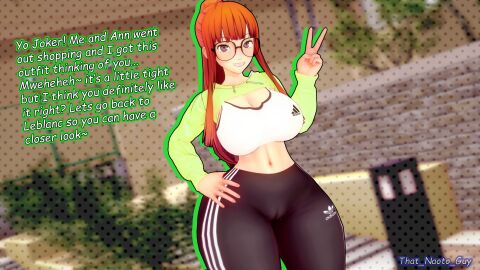 3d adidas atlus big_breasts breasts cameltoe child_bearing_hips female fully_clothed glasses hourglass_figure imminent_sex koikatsu orange_hair peace_sign persona persona_5 ponytail pussy pussy_visible_through_clothes red_head sakura_futaba sports_bra that_naoto_guy thick_thighs track_pants