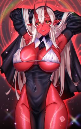 1girls akumi armpits arms_up artist_name bangs bare_shoulders blush breasts cleavage covered_navel covered_nipples cowboy_shot demon demon_girl dress earrings eyebrows_visible_through_hair female gloves hair_between_eyes horns huge_breasts jewelry large_breasts light_particles long_hair long_sleeves looking_at_viewer oni oni_horns parted_lips patreon_username pointy_ears red_skin scars signature smile solo sparkle virtual_youtuber vyugen white_hair yellow_eyes