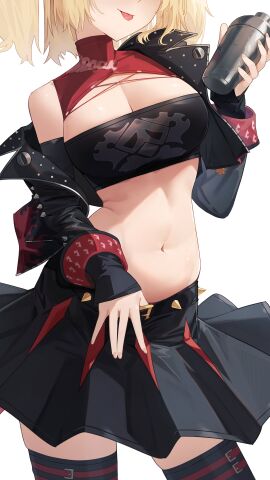 1girls :p absurdres black_jacket black_skirt black_thighhighs blep blonde_hair breasts burnice_white cleavage clothed cup female fingernails head_out_of_frame highres holding holding_cup jacket jaihu large_breasts midriff navel pleated_skirt short_hair skindentation skirt solo thighhighs thighs tongue tongue_out twintails zenless_zone_zero zettai_ryouiki
