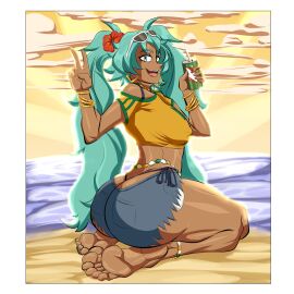 2d anklet ass ass_cleavage ass_crack bare_midriff barefoot beach big_breasts bikini blue_eyes bracelet brazil brazilian brazilian_female brazilian_miku breasts bubble_ass bubble_butt busty butt_crack can crop_top daisy_dukes denim_shorts earrings erect_nipples female female_focus female_only flower_in_hair hatsune_miku hourglass_figure jean_shorts kneeling long_hair nail_polish necklace nipples outdoors outside pinup pinup_pose short_shorts shorts sideboob sirledge skimpy skimpy_clothes soles sunglasses_on_head t-shirt tagme tan tan_body tan_skin thong thong_bikini toenail_polish turquoise_hair twintails v v_sign vocaloid waist_chain wide_hips