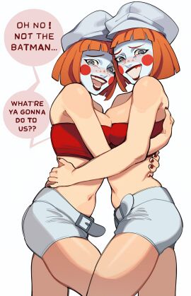 2022 2022s 2girls absurdres artist_request bandeau bare_shoulders batman_(series) batman_beyond:_return_of_the_joker belt big_breasts blue_eyes breasts clown_girl dc dc_comics dcau dee_dees deidre_dennis delia_dennis female female_focus female_only hair hat highres hug looking_at_viewer makeup medium_breasts midriff multiple_females multiple_girls navel orange_hair pale_color porqueloin red_cheeks short_hair shorts siblings simple_background sisters slim_waist smile smirk smug source_request speech_bubble strapless thick_thighs thighs tube_top tubetop twins white_background