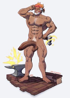 1boy balls bara beard big_penis boner erection facial_hair foreskin gijinka looking_at_viewer male male_only muscles muscular muscular_male nintendo nude one_eye_closed penis pokemon slither_wing solo solo_male sweat sweating uncircumcised uncut wererdraws white_hair yaoi