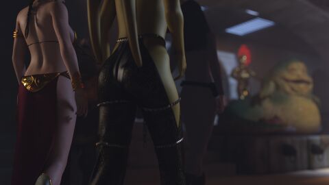3d 3girls alexbridger belly_dancer belly_dancer_outfit bodysuit braided_hair brown_hair c-3po catsuit droid_(star_wars) female fishnets green_skin harem harem_girl harem_outfit jabba's_palace jabba_the_hutt loincloth long_hair melina_carniss oola princess_leia_organa rear_view slave slave_bikini slave_collar slave_girl slave_leia slave_outfit star_wars twi'lek