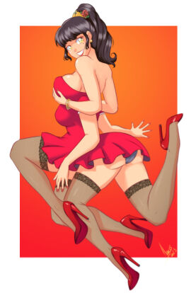 4_arms 4_breasts 4_legs accessworld bracelet breasts earrings female high_heels light-skinned_female light_skin multi_arm multi_breast multi_leg multi_limb orange_background painted_nails ponytail smile thighhighs yellow_eyes