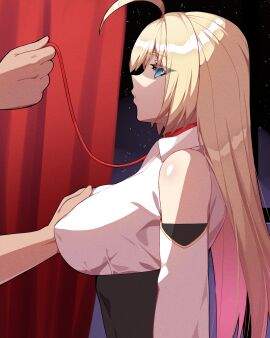 absurdres ahoge bare_shoulders blonde_hair blue_eyes breasts collar elbow_gloves empty_eyes female gloves groping highres hyperbudd kyro_sora large_breasts office_lady original