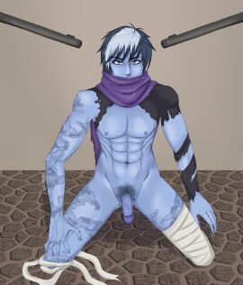 1boy blue_body dr_bian held_at_gunpoint honor_of_kings male male_only partially_clothed penis pubic_hair r18g treachery