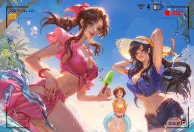 3girls aerith_gainsborough aerith_gainsborough_(pink_mermaid) arms_behind_head bikini black_hair black_shorts blue_shirt bracelet braid braided_ponytail breasts brown_hair closed_mouth crop_top detached_sleeves fan_yang female final_fantasy final_fantasy_vii final_fantasy_vii_rebirth final_fantasy_vii_remake flower flower_necklace food frilled_sleeves frills green_eyes hair_ribbon hairband hat holding holding_food holding_hat holding_ice_cream holding_swim_ring holding_unworn_clothes ice_cream innertube jewelry large_breasts lei long_hair looking_at_viewer medium_breasts midriff multicolored_bikini multiple_females multiple_girls navel necklace official_alternate_costume one_eye_closed open_fly open_mouth orange_hairband orange_shirt outdoors palm_tree parted_bangs parted_lips partially_submerged pink_bikini pink_ribbon ribbon shirt short_hair short_shorts short_sleeves shorts sidelocks single_braid smile straw_hat striped_clothes striped_shirt sun_hat swept_bangs swim_ring swimsuit thigh_gap tifa_lockhart tifa_lockhart_(majestic_glamour) tree two-tone_bikini viewfinder water water_drop wet white_bikini yuffie_kisaragi yuffie_kisaragi_(summer_orange)