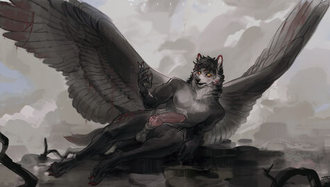 animal_genitalia animal_penis anthro balls big_wings black_body black_fur bodily_fluids canid canine canine_genitalia canine_penis canis feathered_wings feathers fur genitals grey_body grey_fur hi_res knot knotted_penis lying male mammal nipples nude nude_anthro nude_male on_side penis sheath solo spread_wings totsaarkonn wings wolf wounded yellow_eyes